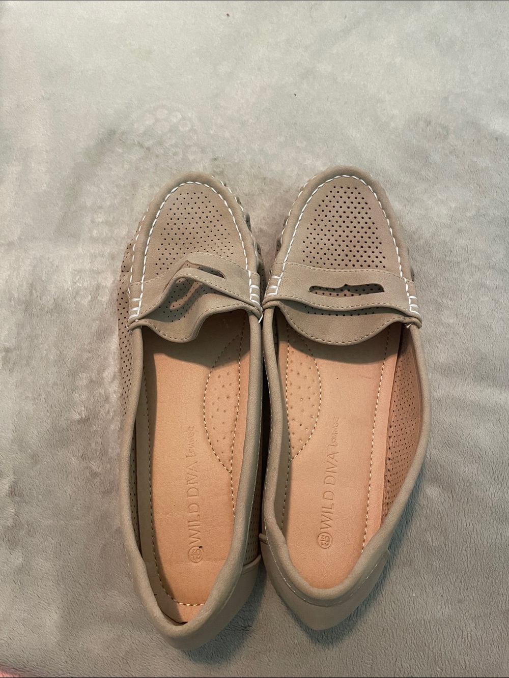 Wild Diva Beige Perforated Slip-On Loafers